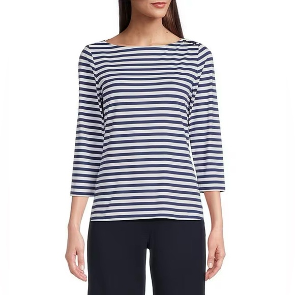 J McLaughlin Navy&White Striped Boat Neck Top, 3/4 Sleeves, Shoulder Buttons, S - Picture 1 of 15